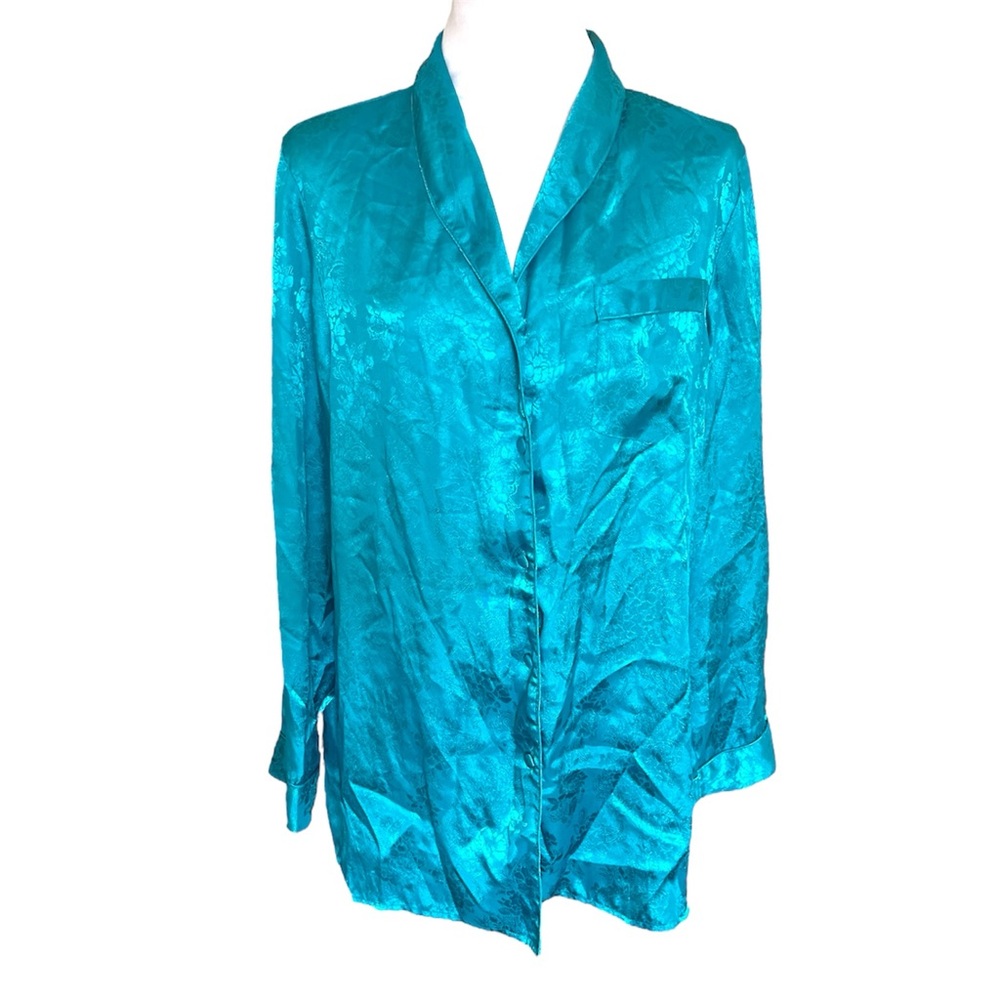 Delicates Shimmering Teal Button Down Shirt no bottoms embroidered Satin Size L